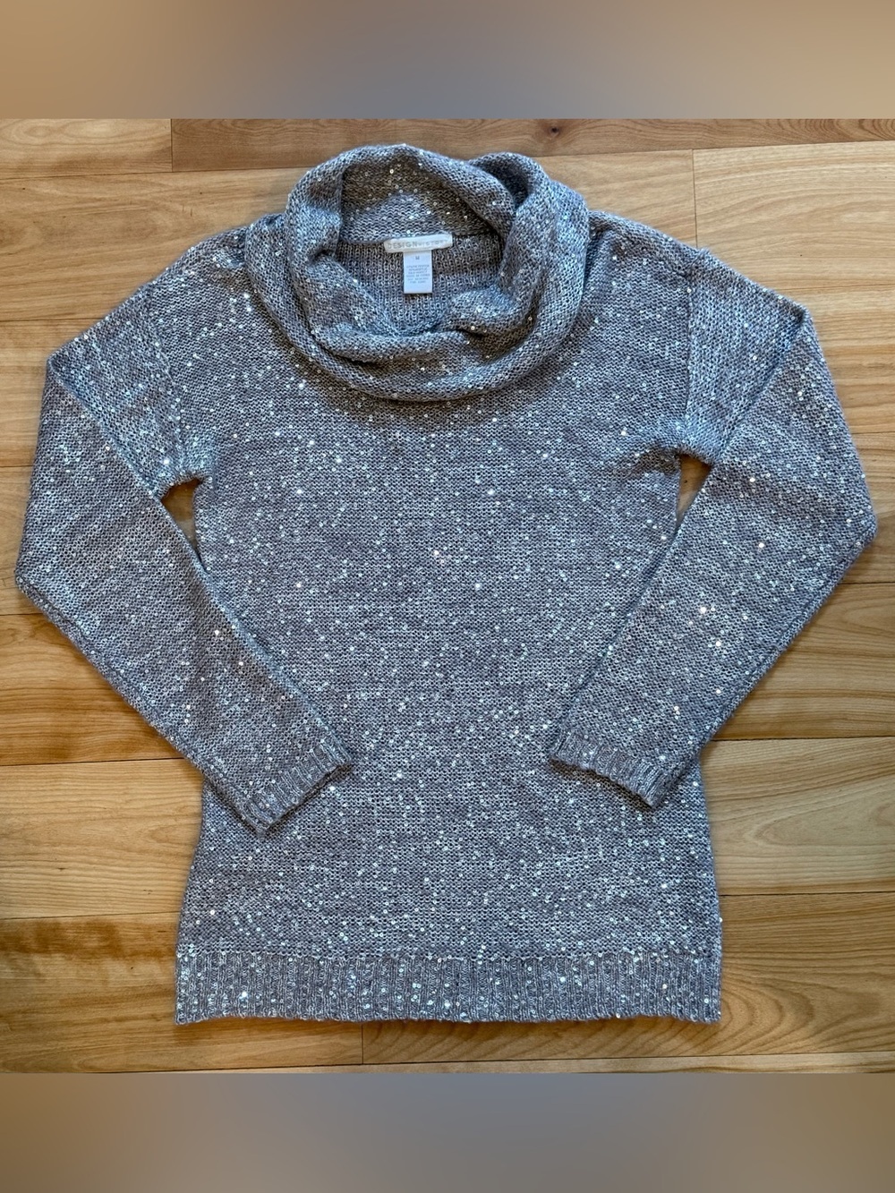 Design History Sequin Cowl Neck Sweater Medium Silver Gray Sparkle Knit